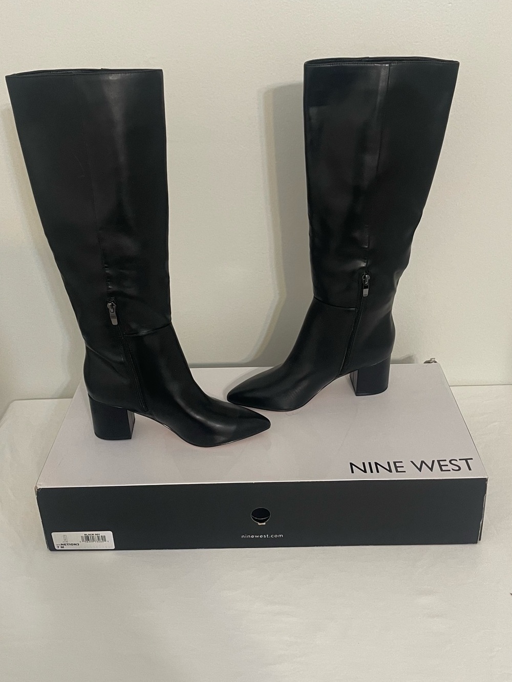 Nine West Black Knee-High Leather Block Heel Boots Wide Calf